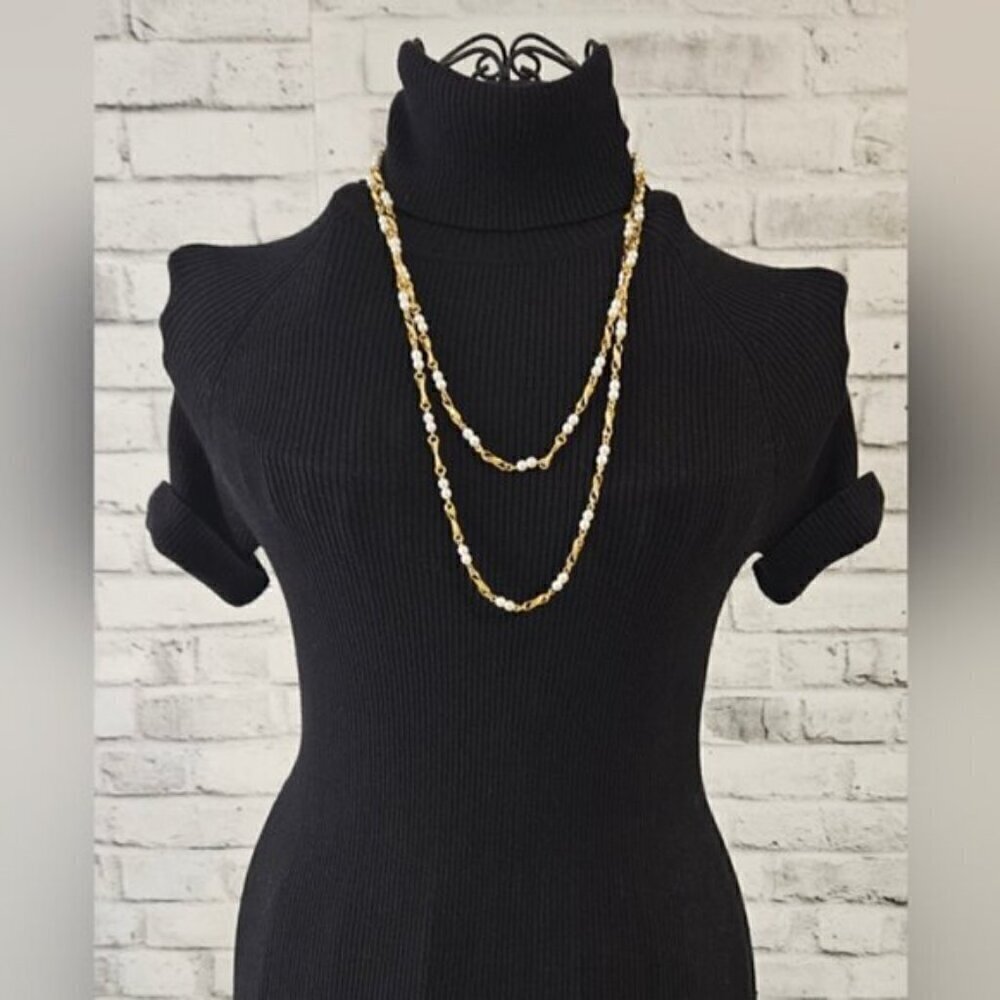 Vintage Gold Tone Faux Pearl Long Layering Necklace Statement Chain